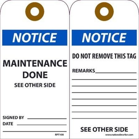 NMC Notice Maintenance Done See Other Side Tag, Pk25 RPT108G